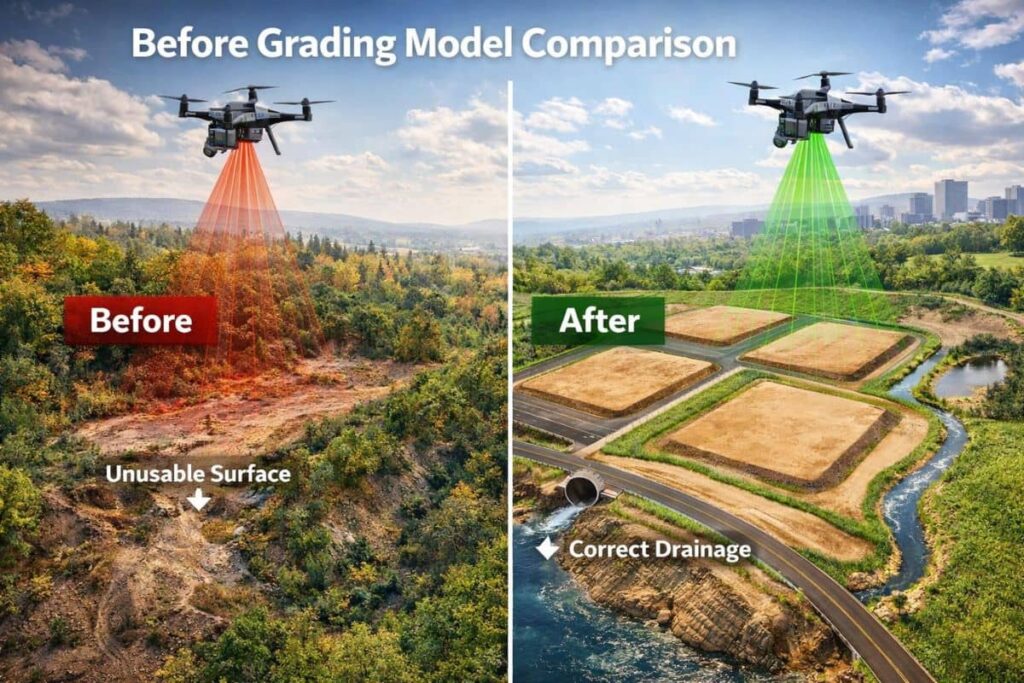 Before and after grading model comparison showing raw terrain versus engineered surface using LiDAR topographic survey data