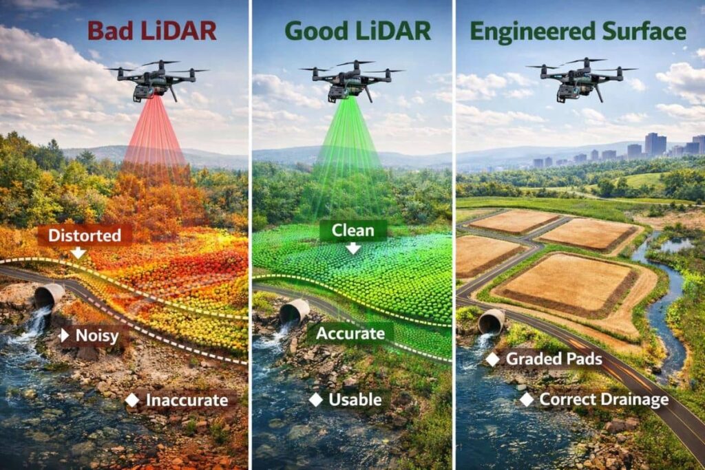 Comparison of bad LiDAR data, accurate LiDAR mapping, and engineering-grade surface model used for civil design and grading