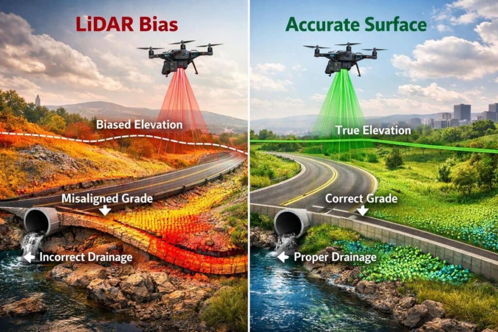 LiDAR mapping comparison showing biased elevation errors versus accurate survey-controlled surface for civil engineering design