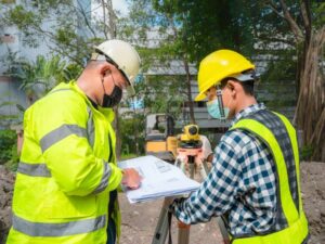 Surveyors reviewing a commercial ALTA survey at a property development site