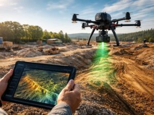 Drone mapping technology capturing terrain and elevation data at an active construction site using aerial surveying equipment 