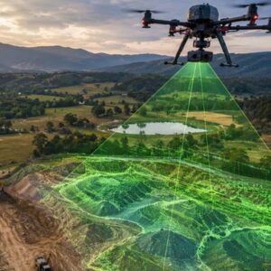 Drone mapping technology creating a 3D terrain model above a large construction and land development site