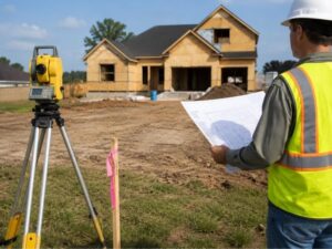 Licensed surveyor performing site measurements and collecting field data for a land development and construction project