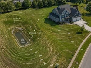 Aerial view of a residential property with contour lines showing elevation changes and drainage flow across the land