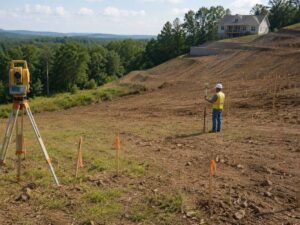 Surveyor performing a topographic survey on a sloped residential lot before home construction