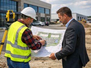 Surveyors reviewing digital survey mapping data showing property boundaries, elevations, and flood zone information for a development site