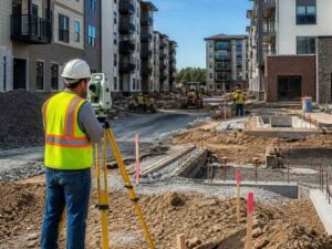 construction surveyor verifying multifamily housing layout and building positions in columbus ohio 