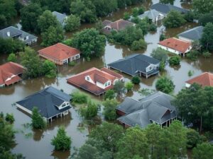 Aerial view of a flooded residential neighborhood showing submerged houses and high water levels illustrating property flood risk conditions.