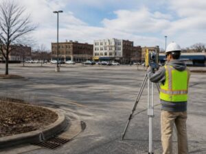 topographic surveyor mapping an existing parking lot for residential redevelopment in columbus ohio