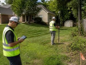 Property line survey in Columbus OH showing a land surveyor evaluating lot boundaries, terrain, vegetation, and site conditions that can affect survey cost.