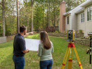 Residential surveyor in Columbus OH reviewing property lines, setbacks, and site conditions with a homeowner before a home improvement project.