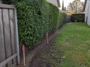 Property line markers showing the boundary for a new fence project in Columbus, Ohio.