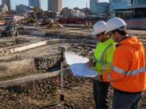 Licensed surveyor performing construction staking for an irregular commercial building layout in Columbus, OH.