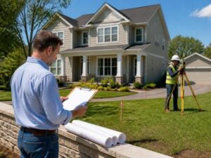 Mortgage survey review in Columbus, Ohio, showing a homeowner and land surveyor examining property boundaries and existing structures before planning improvements.
